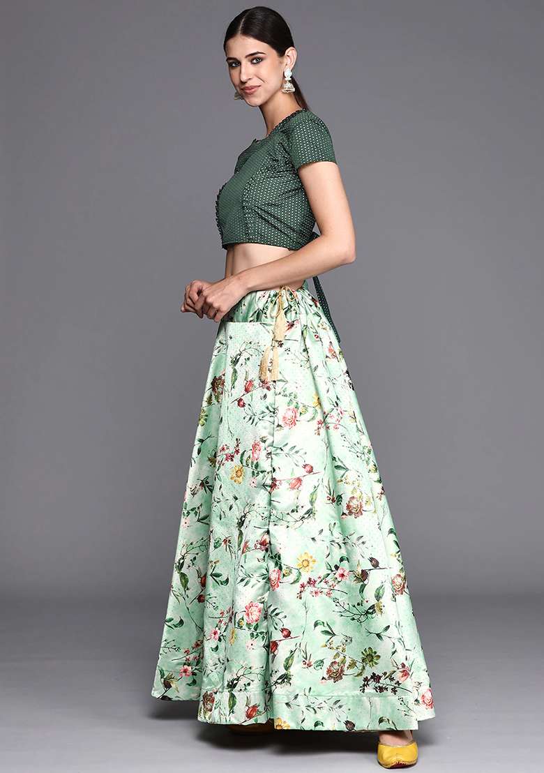 Olive Green Digital Print Satin Silk Blend Lehenga Set for Diwali and Festive Wear - Indya