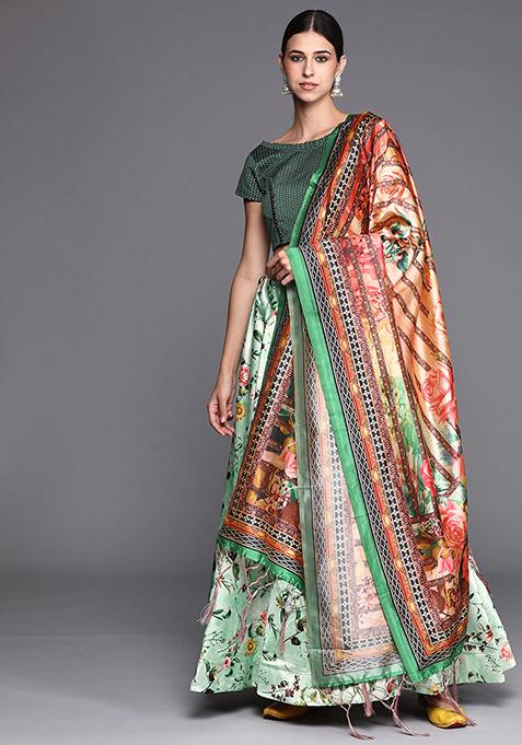 Olive Green Digital Print Satin Silk Lehenga Set