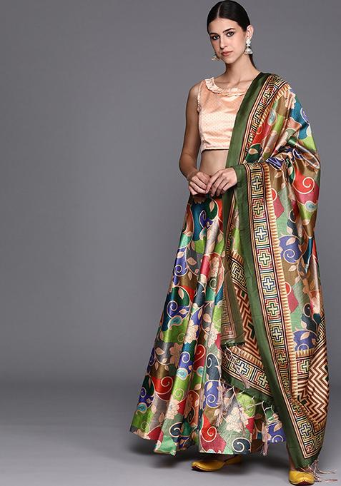 Multicolor Digital Print Satin Silk Lehenga Set