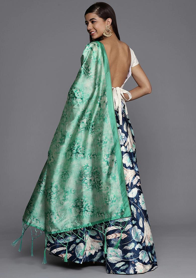 Teal Printed Satin Silk Lehenga Set
