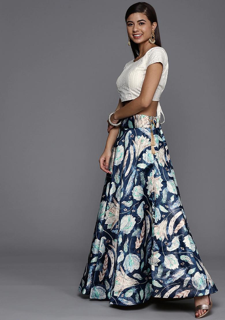 Teal Printed Satin Silk Lehenga Set