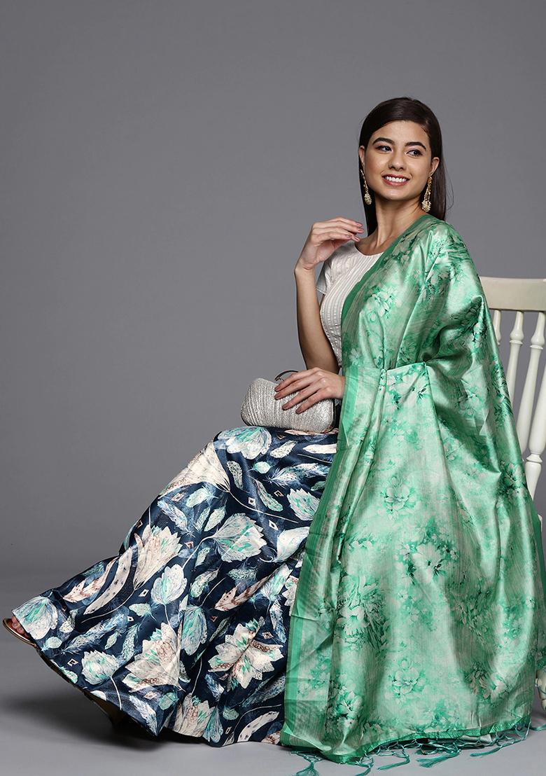 Teal Printed Satin Silk Lehenga Set
