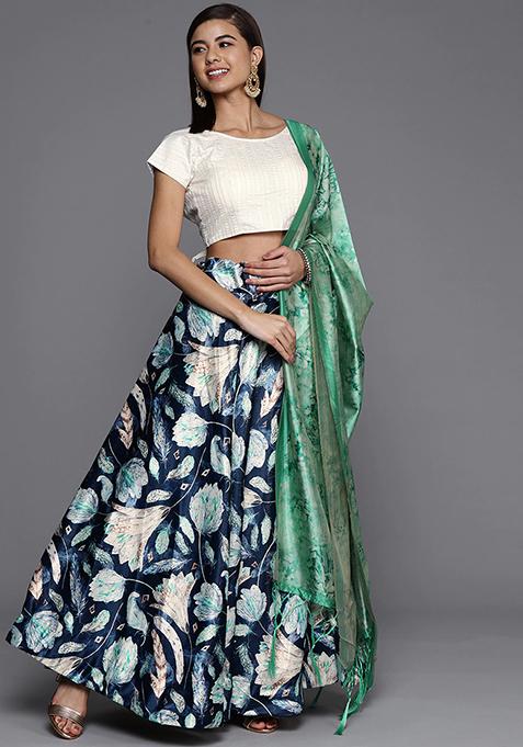 Teal Printed Satin Silk Lehenga Set