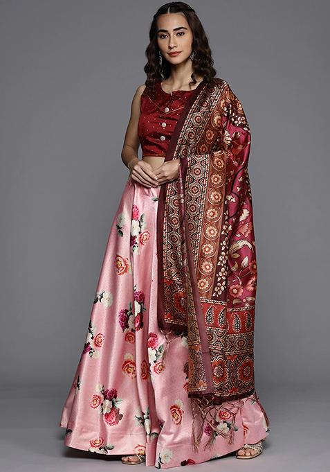 Pink Digital Print Silk Lehenga Set