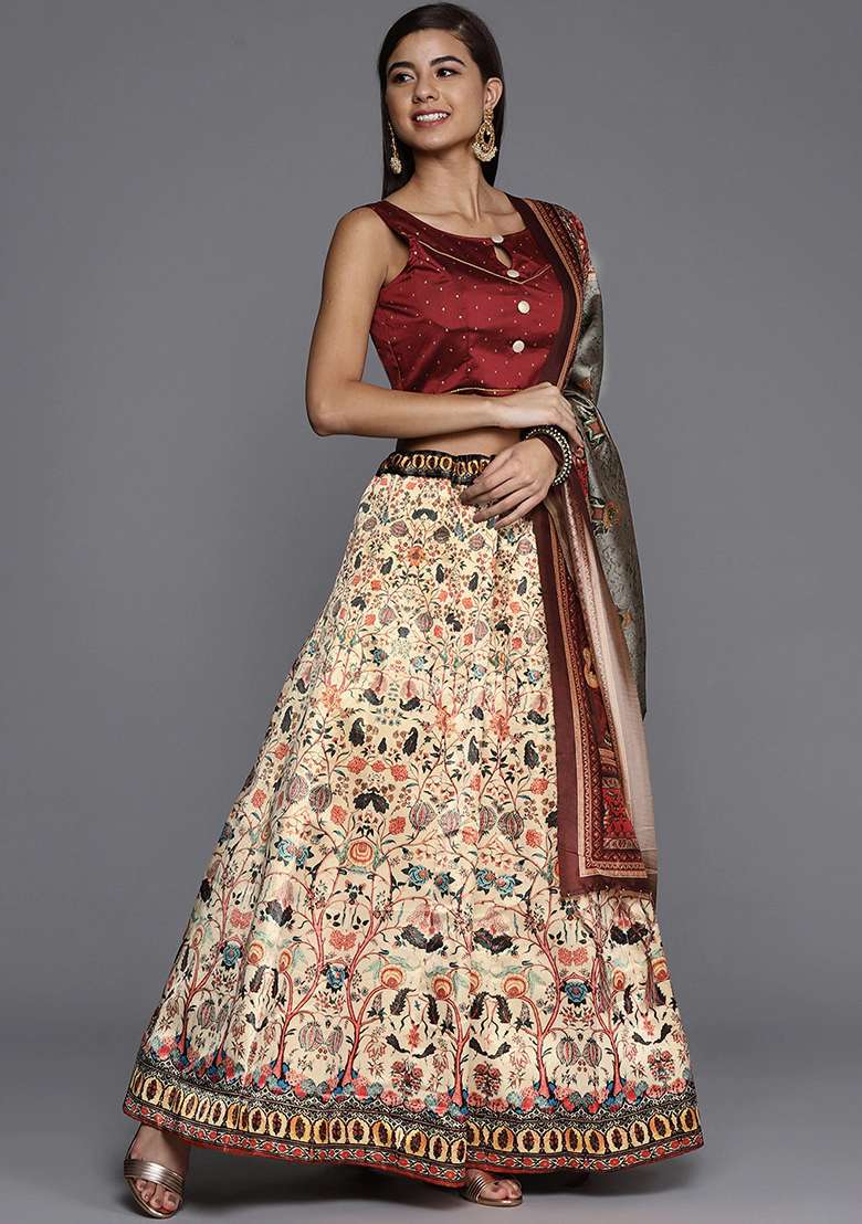 Light Cream Satin Silk Blend Lehenga Set with Printed for Diwali | Wedding & Festive Wear - Indya