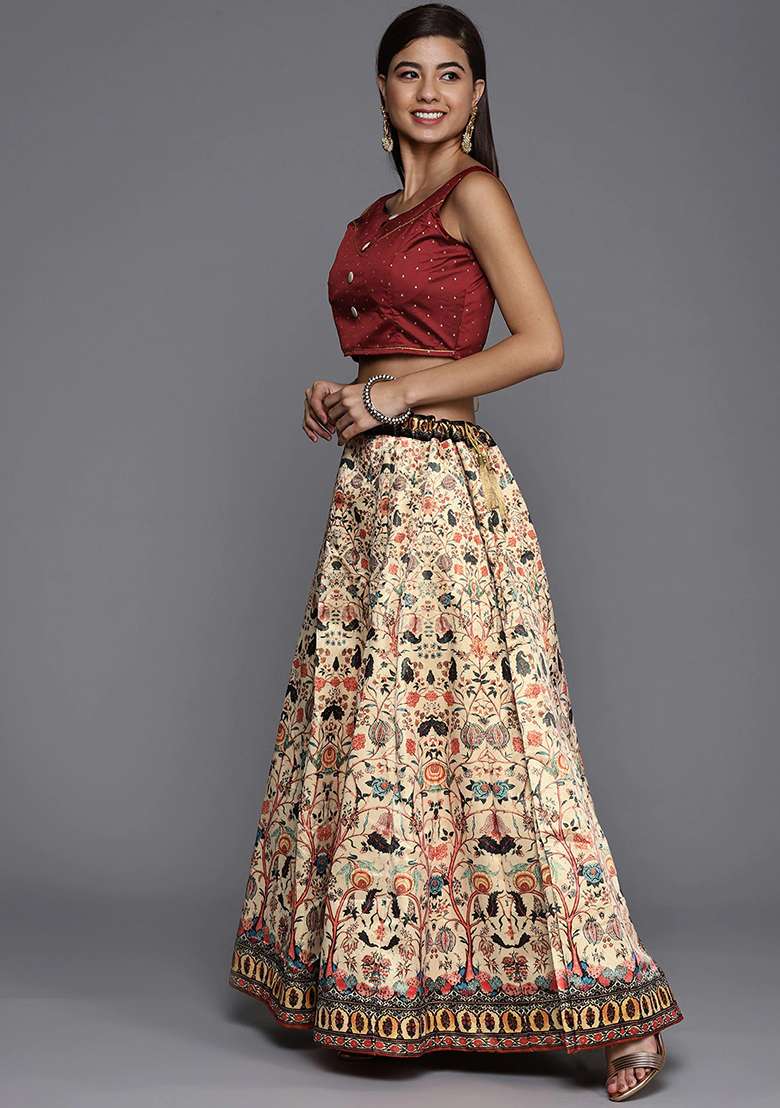 Light Cream Satin Silk Blend Lehenga Set with Printed for Diwali | Wedding & Festive Wear - Indya