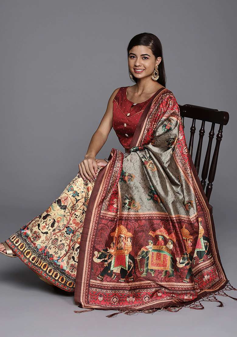 Light Cream Satin Silk Blend Lehenga Set with Printed for Diwali | Wedding & Festive Wear - Indya