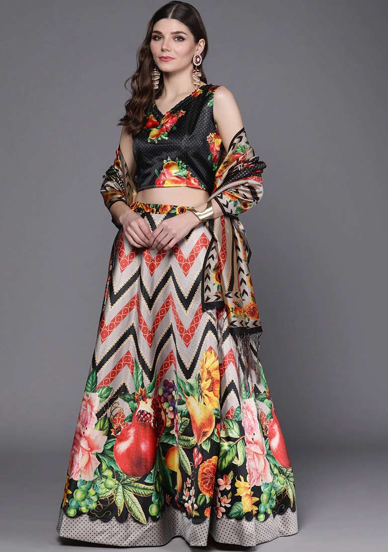 Black Digital Print Satin Silk Blend Lehenga Set for Diwali and Festive Wear - Indya