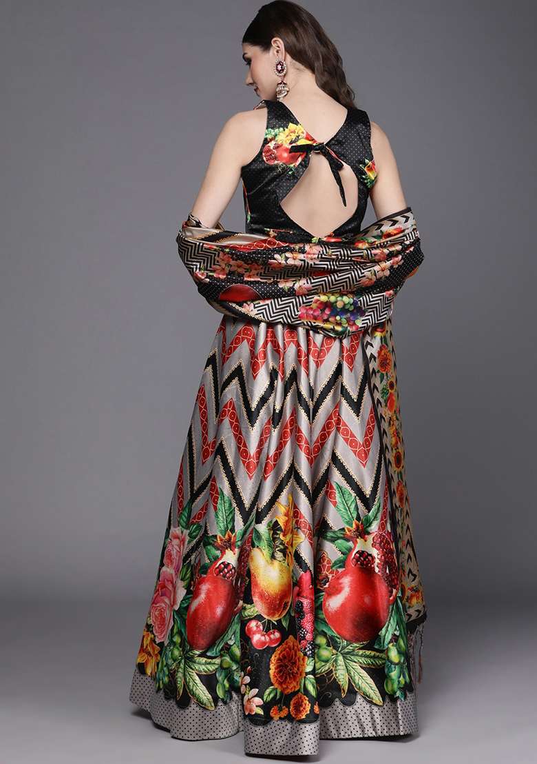 Black Digital Print Satin Silk Blend Lehenga Set for Diwali and Festive Wear - Indya