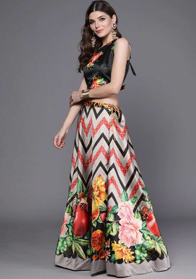 Black Digital Print Satin Silk Blend Lehenga Set for Diwali and Festive Wear - Indya