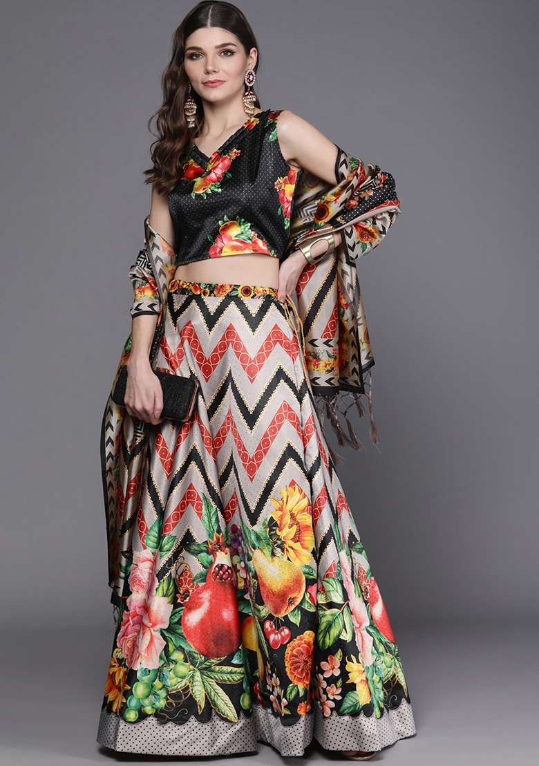 Black Digital Print Satin Silk Blend Lehenga Set for Diwali and Festive Wear - Indya