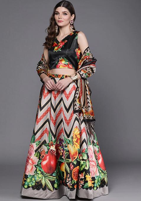 Black Digital Print Satin Silk Lehenga Set