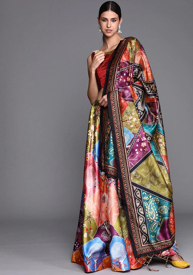 Multicolor Printed Satin Silk Lehenga Set