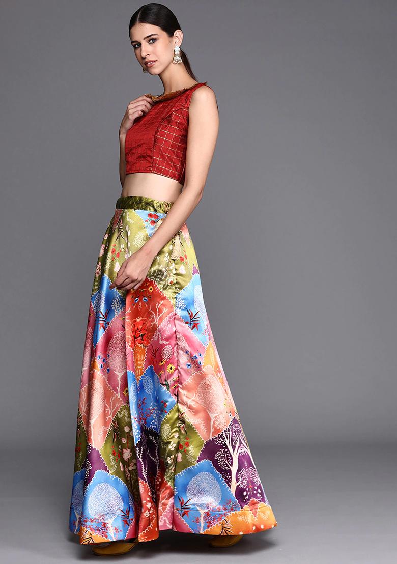 Multicolor Printed Satin Silk Lehenga Set