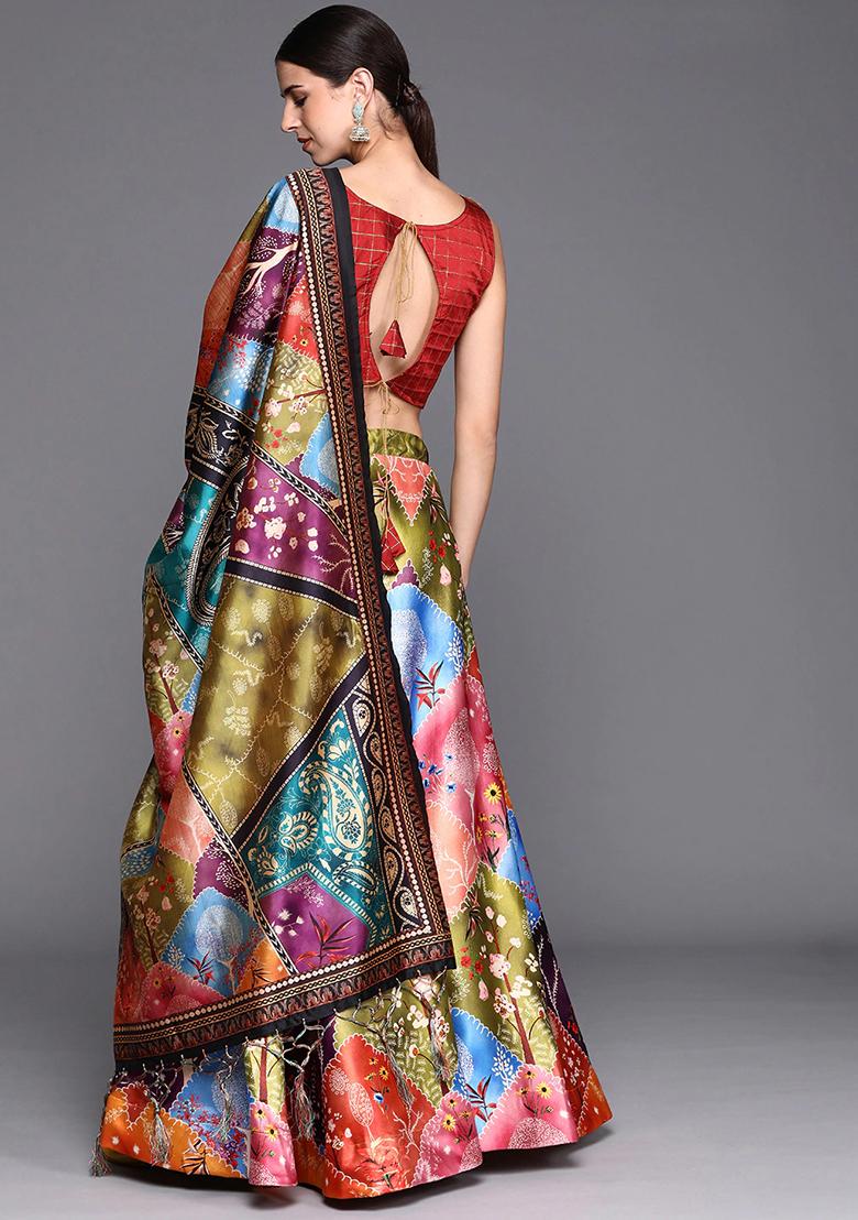 Multicolor Printed Satin Silk Lehenga Set