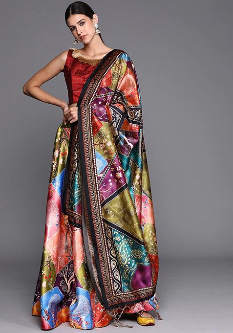 Multicolor Printed Satin Silk Lehenga Set