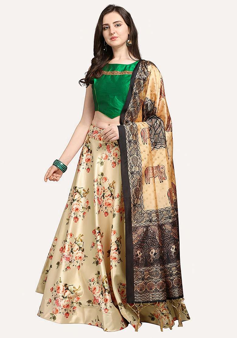 Green Print Blend Satin Silk Lehenga Set for Diwali | Wedding & Festive Wear - Indya