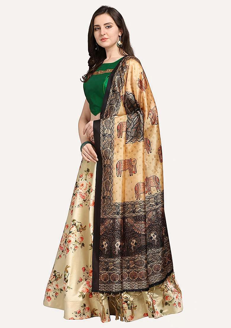 Green Print Blend Satin Silk Lehenga Set for Diwali | Wedding & Festive Wear - Indya