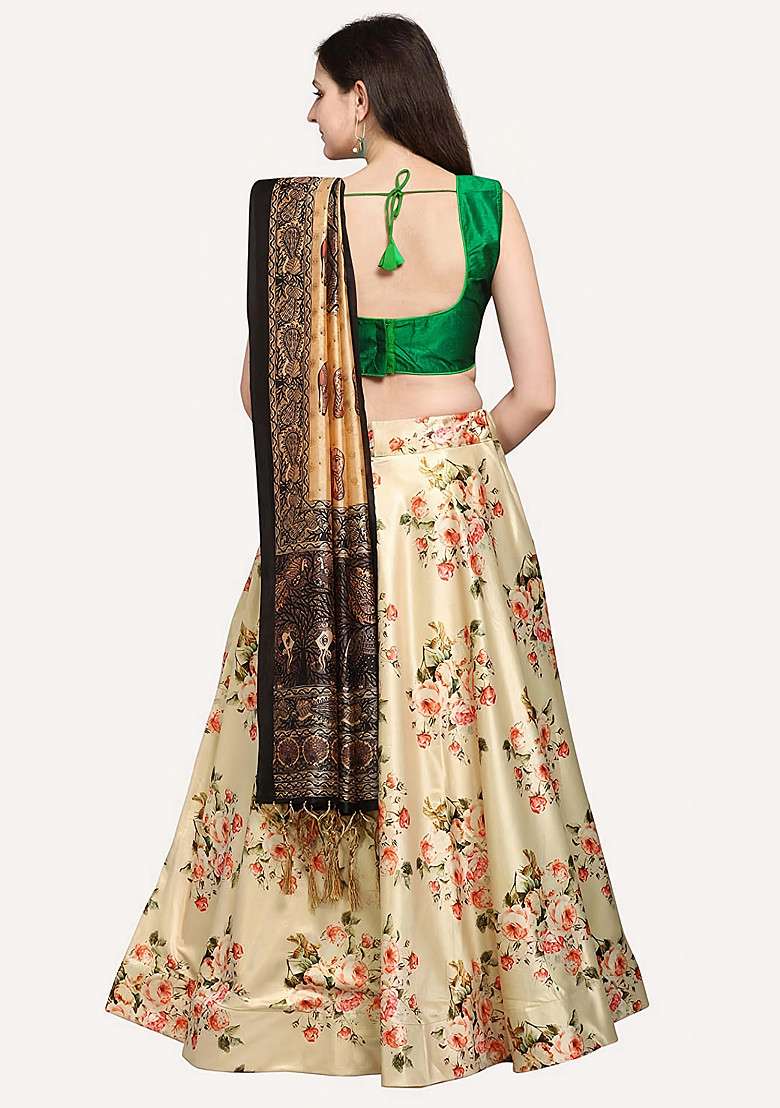 Green Print Blend Satin Silk Lehenga Set for Diwali | Wedding & Festive Wear - Indya