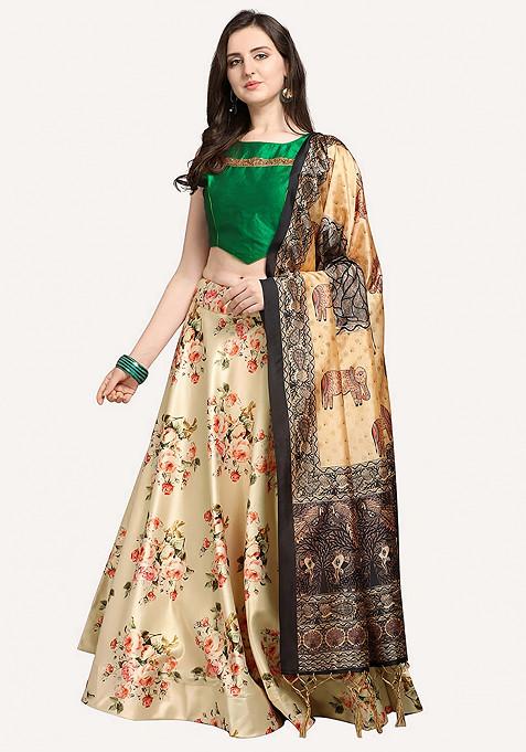 Green Print Satin Silk Lehenga Set