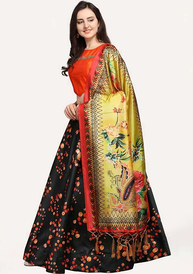 Orange Digital Print Satin Silk Blend Lehenga Set for Diwali and Festive Wear - Indya