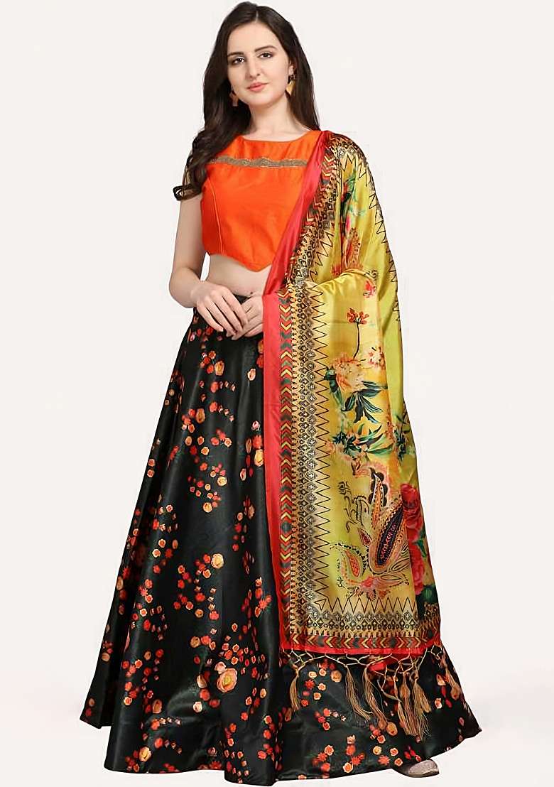 Orange Digital Print Satin Silk Blend Lehenga Set for Diwali and Festive Wear - Indya
