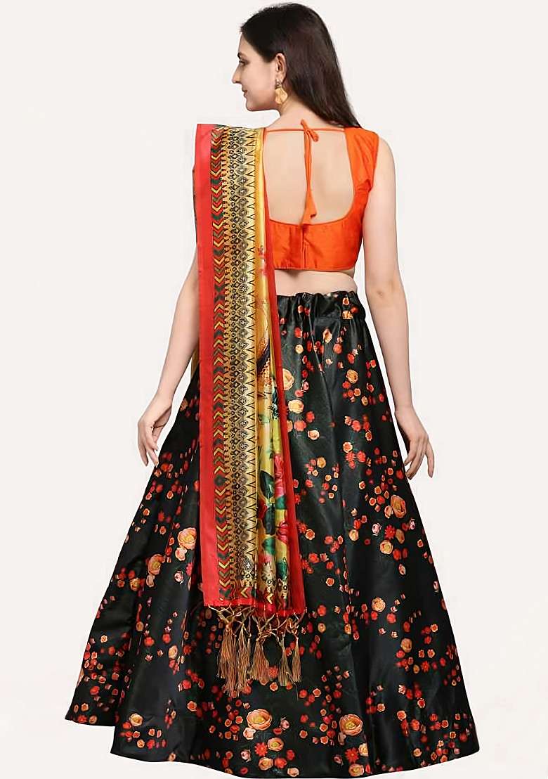 Orange Digital Print Satin Silk Blend Lehenga Set for Diwali and Festive Wear - Indya