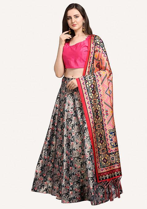 Fuchsia Pink Digital Print Satin Silk Lehenga Set