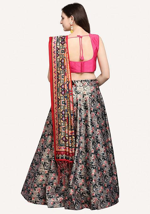 Fuchsia Pink Digital Print Satin Silk Lehenga Set