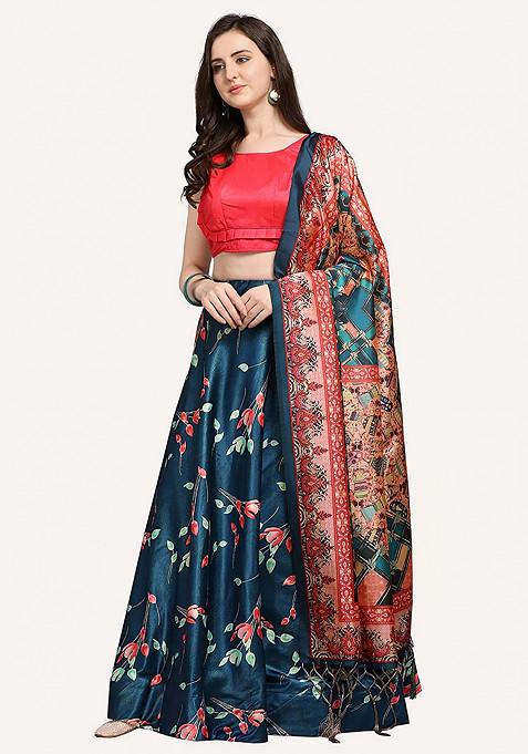 Dark Pink Digital Print Silk Satin Lehenga Set