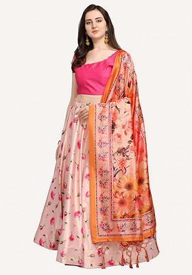 Rani Pink Printed Silk Satin Lehenga Set