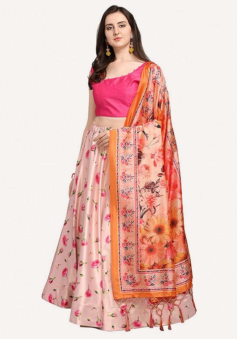 Rani Pink Printed Silk Satin Lehenga Set