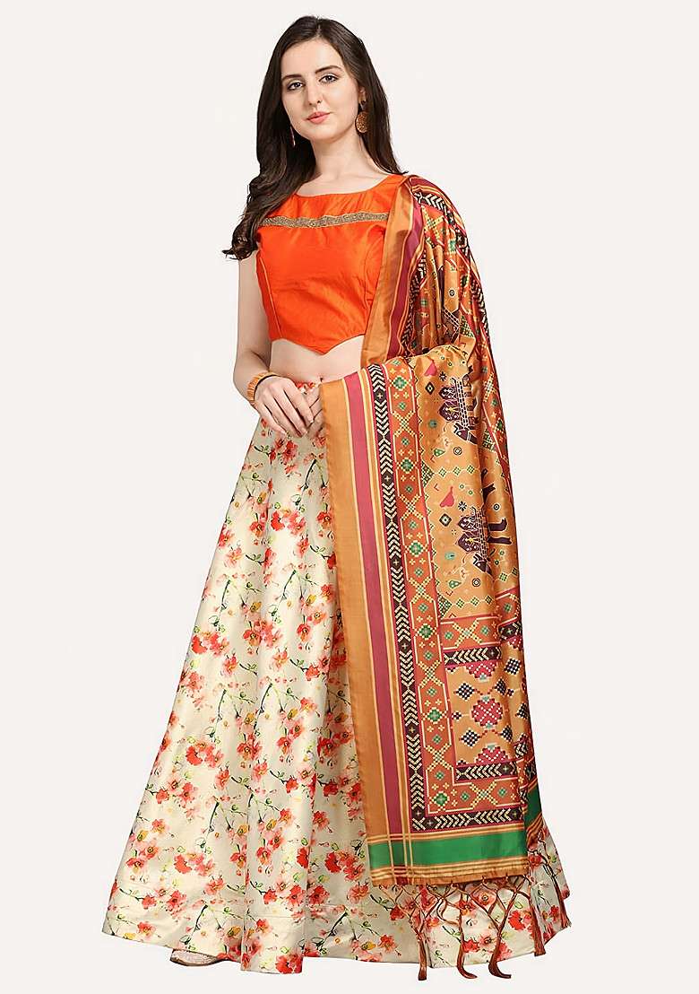 Orange Printed Satin Silk Blend Lehenga Set for Diwali and Festive Wear - Indya