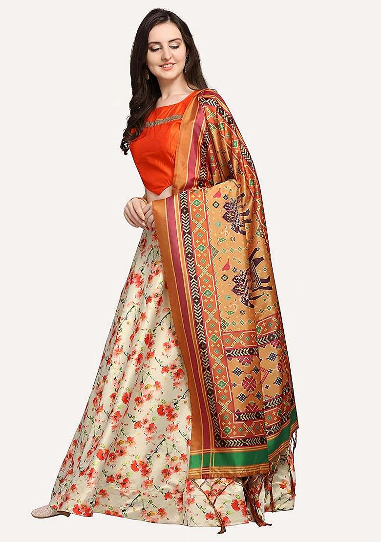 Orange Printed Satin Silk Blend Lehenga Set for Diwali and Festive Wear - Indya