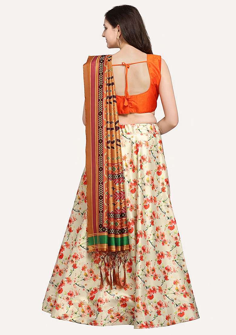 Orange Printed Satin Silk Blend Lehenga Set for Diwali and Festive Wear - Indya