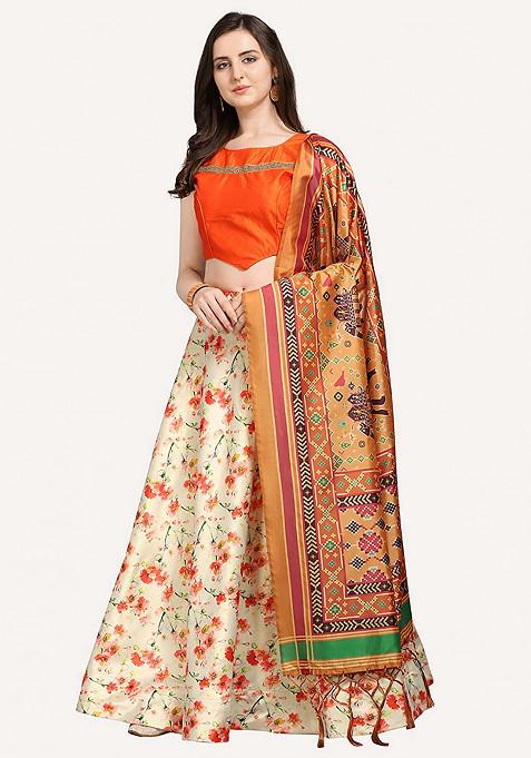 Orange Printed Satin Silk Lehenga Set