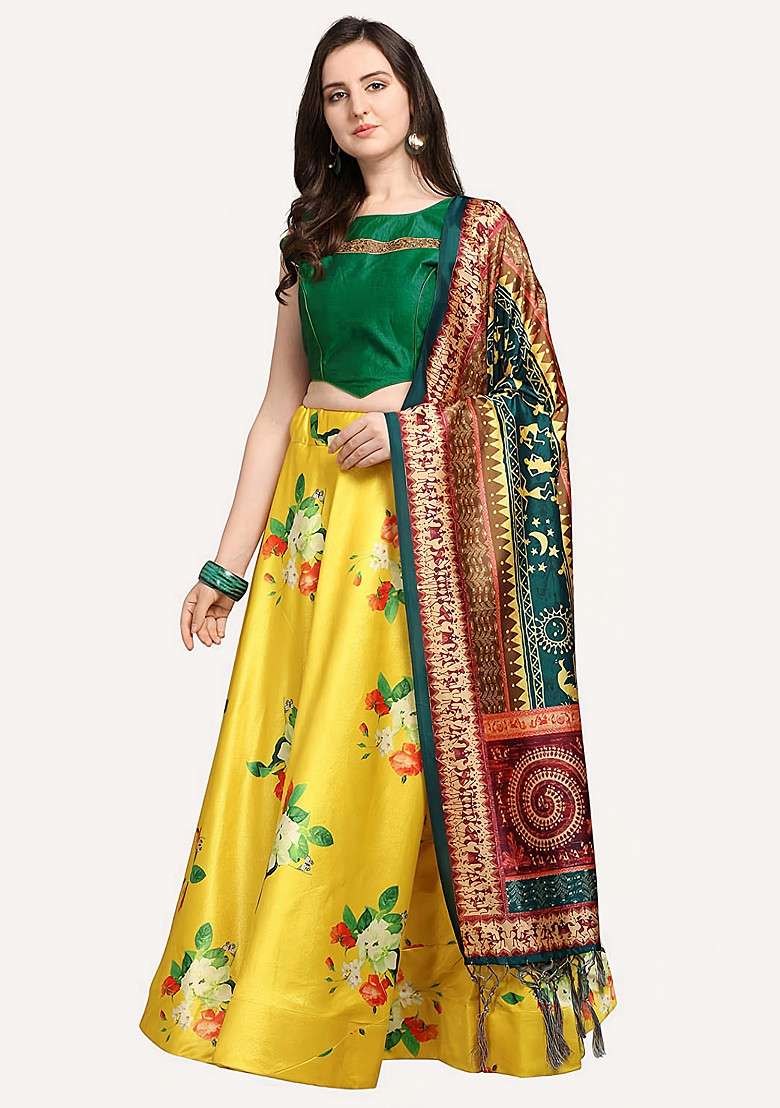 Green Blend Satin Silk Lehenga Set with Digital Print for Diwali | Wedding & Festive Wear - Indya