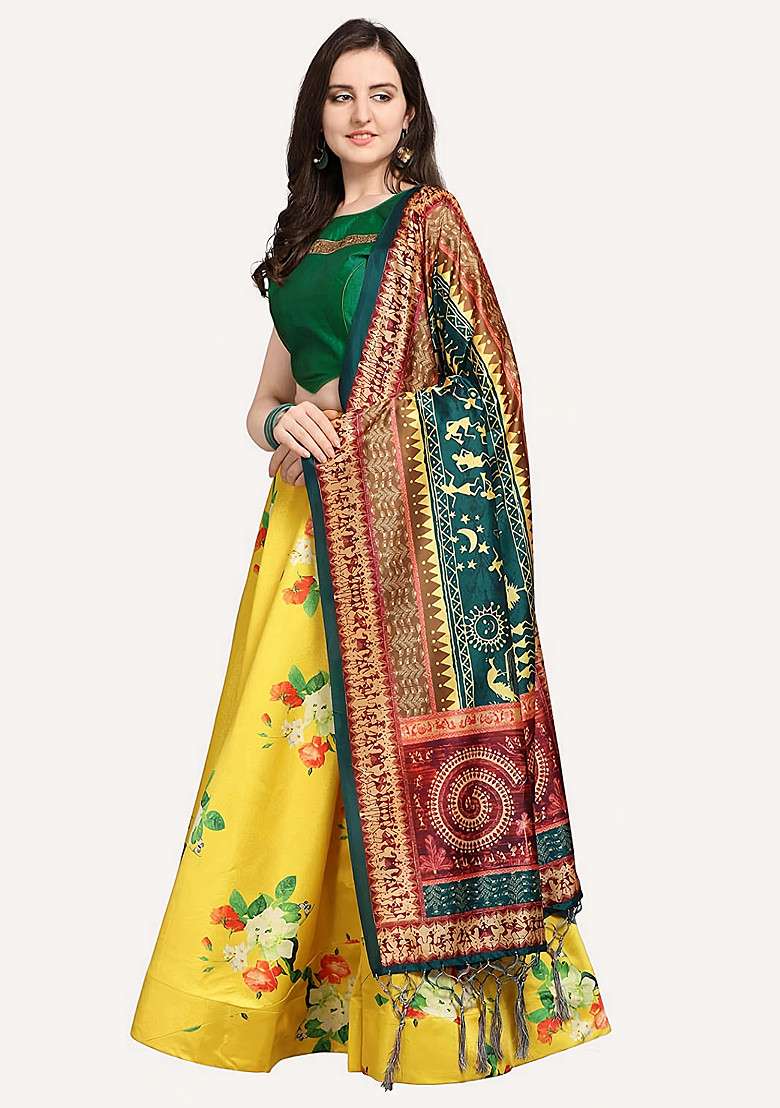 Green Blend Satin Silk Lehenga Set with Digital Print for Diwali | Wedding & Festive Wear - Indya