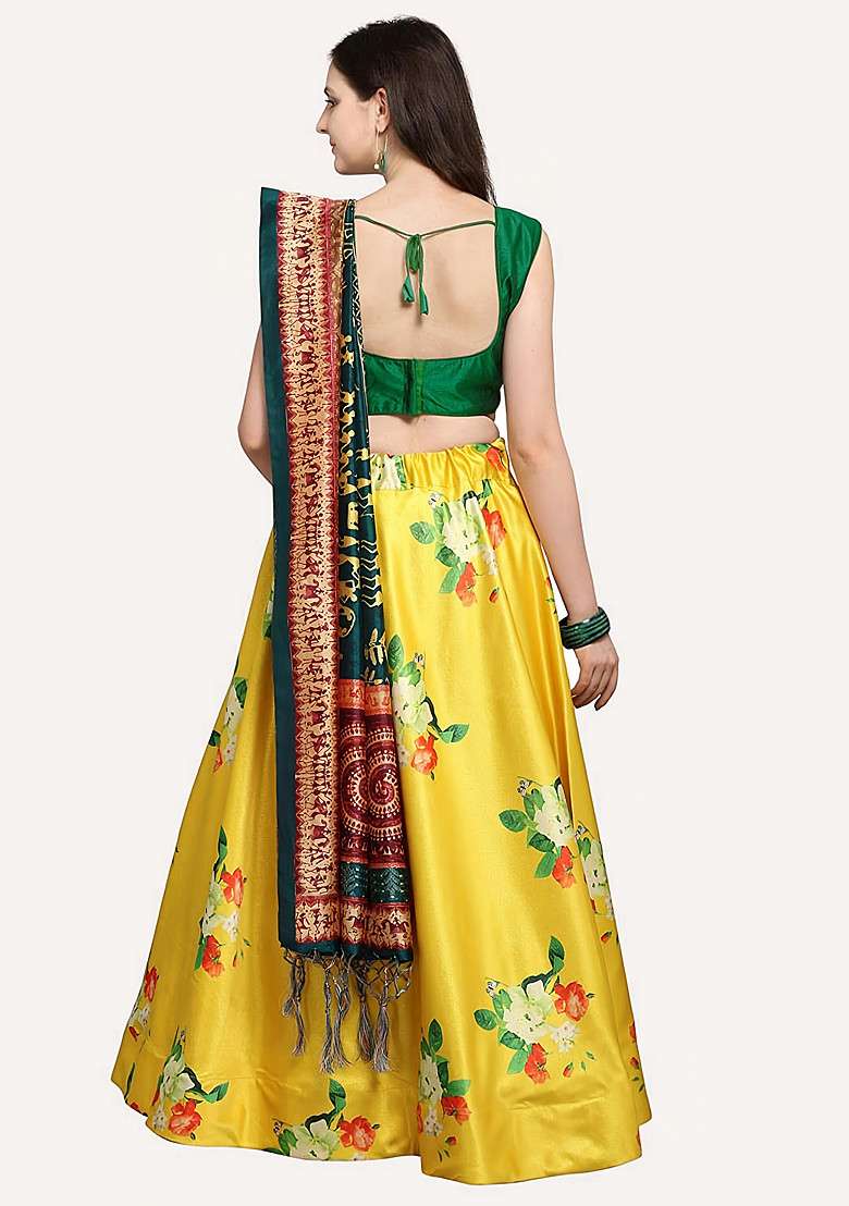 Green Blend Satin Silk Lehenga Set with Digital Print for Diwali | Wedding & Festive Wear - Indya