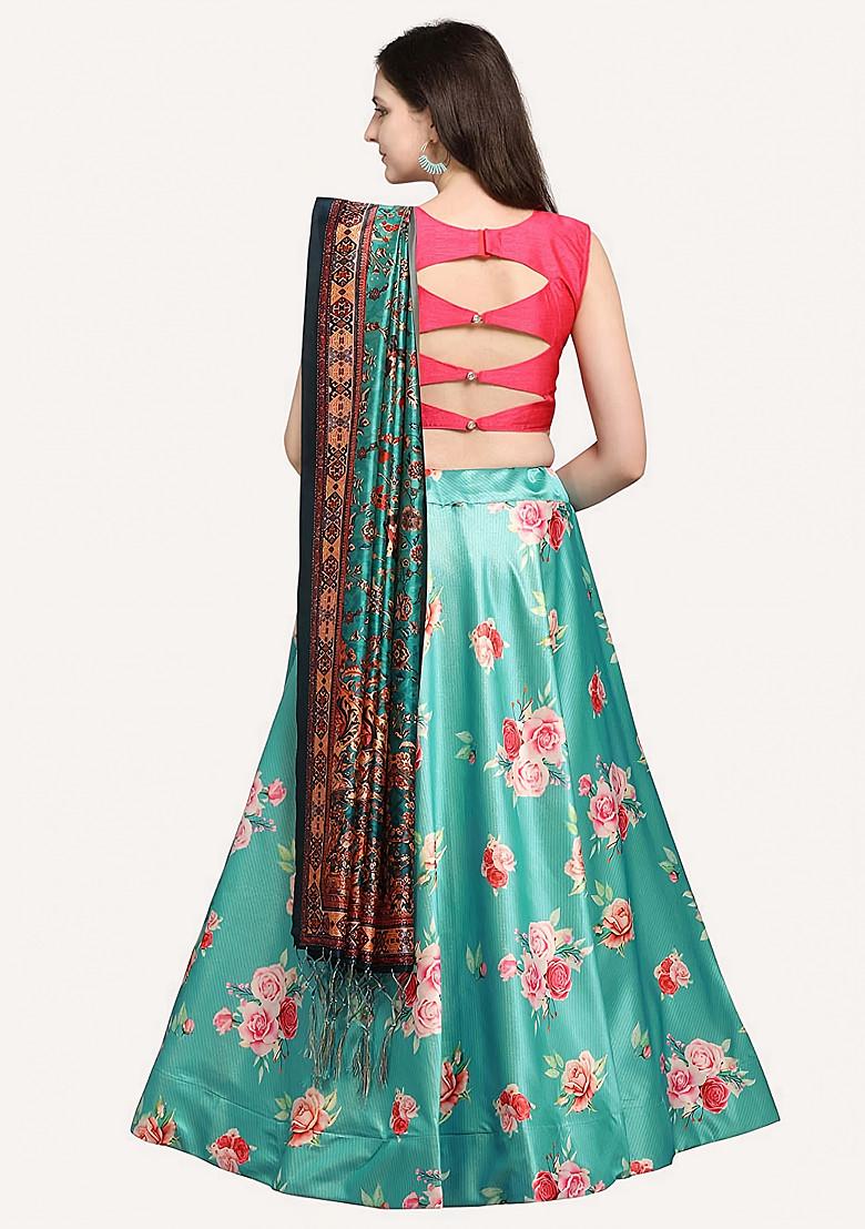 Cyan Pink Printed Silk Satin Lehenga Set