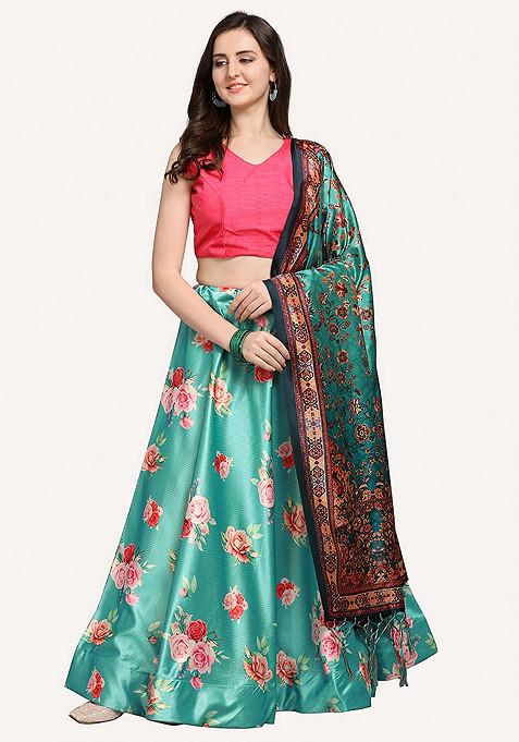 Cyan Pink Printed Silk Satin Lehenga Set