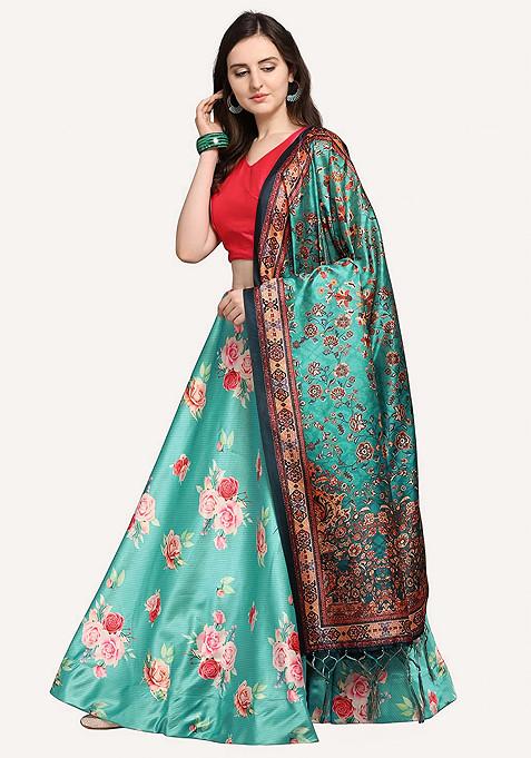 Cyan Pink Printed Silk Satin Lehenga Set