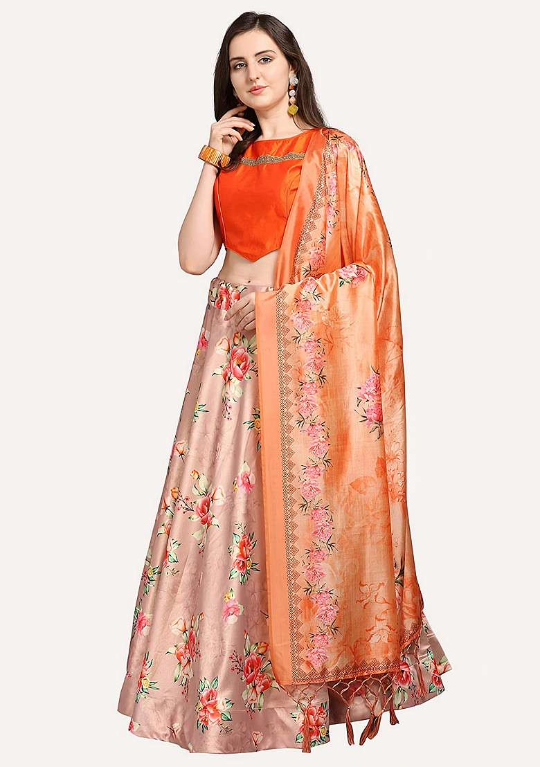 Dark Orange Printed Silk Blend Satin Lehenga Set for Diwali and Festive Wear - Indya