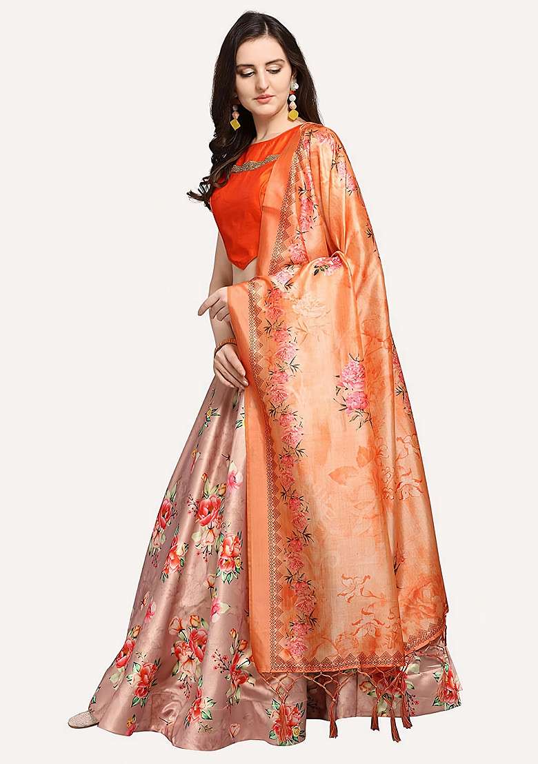 Dark Orange Printed Silk Blend Satin Lehenga Set for Diwali and Festive Wear - Indya