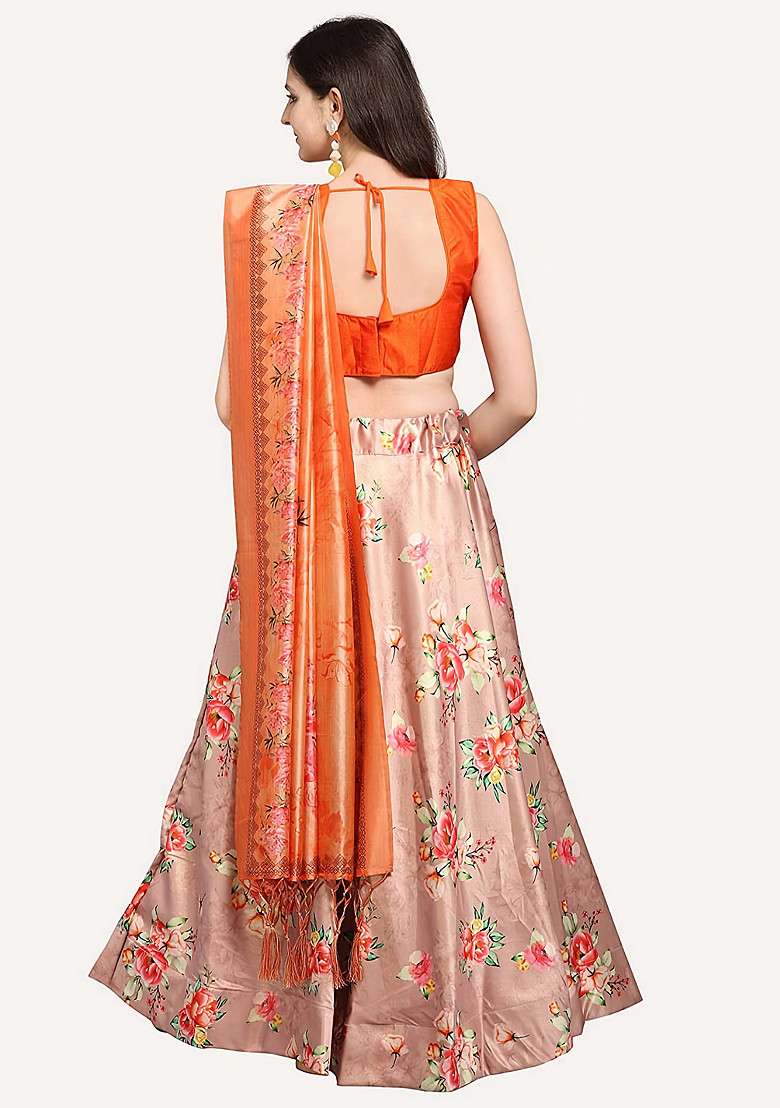 Dark Orange Printed Silk Blend Satin Lehenga Set for Diwali and Festive Wear - Indya