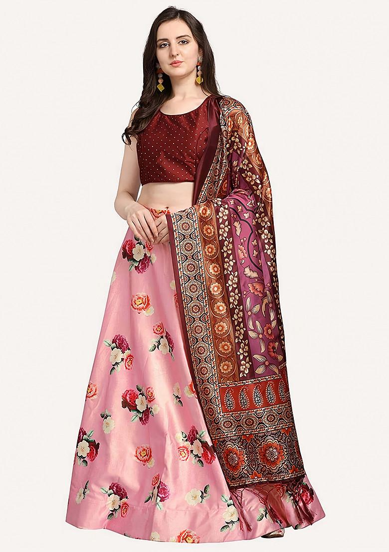 Maroon Printed Silk Satin Lehenga Set
