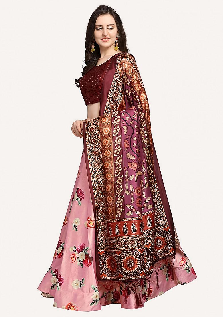 Maroon Printed Silk Satin Lehenga Set