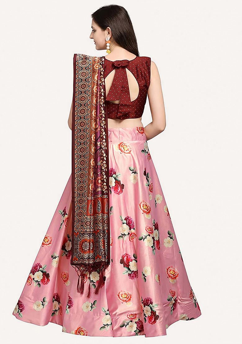 Maroon Printed Silk Satin Lehenga Set