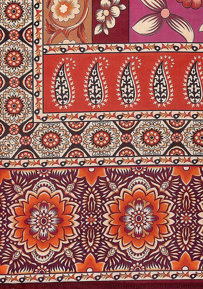 Maroon Printed Silk Satin Lehenga Set