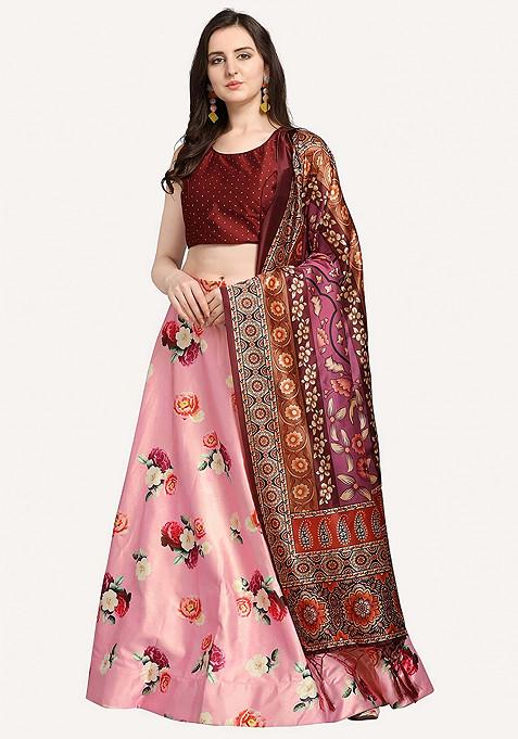 Maroon Printed Silk Satin Lehenga Set